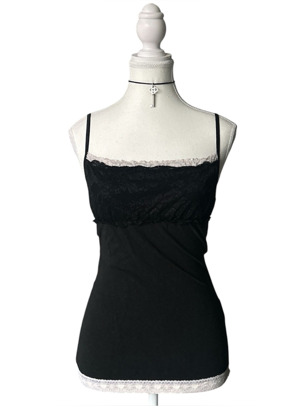 Y2K Coquette “Ruli Rowly” Black and White Lace Trim Tank Top